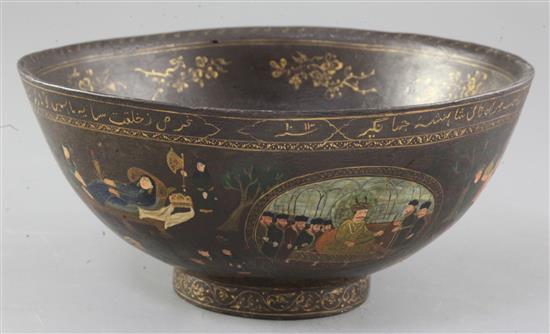 A Persian painted papier mache bowl, 19th century, diameter 23cm